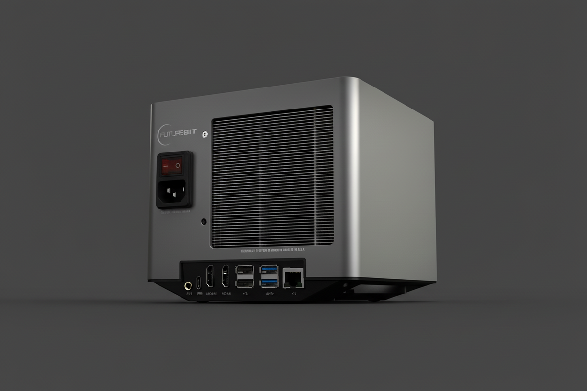 Rear view of the Apollo III aluminum cube with its fan grille, power switch, and ports